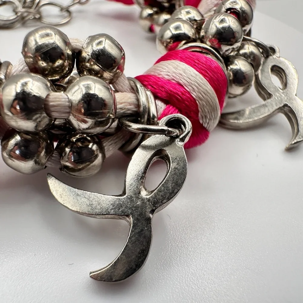 Vintage 90s Silk‎ Ribbon Breast Cancer Awareness Bracelet Silver Tone Beaded Y2K